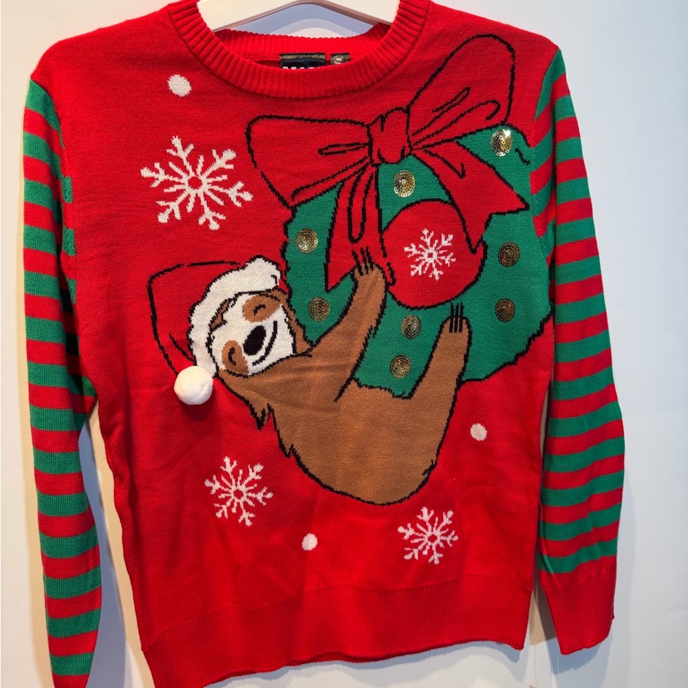 MAD Engine Festive Red and Green Sloth Sweater